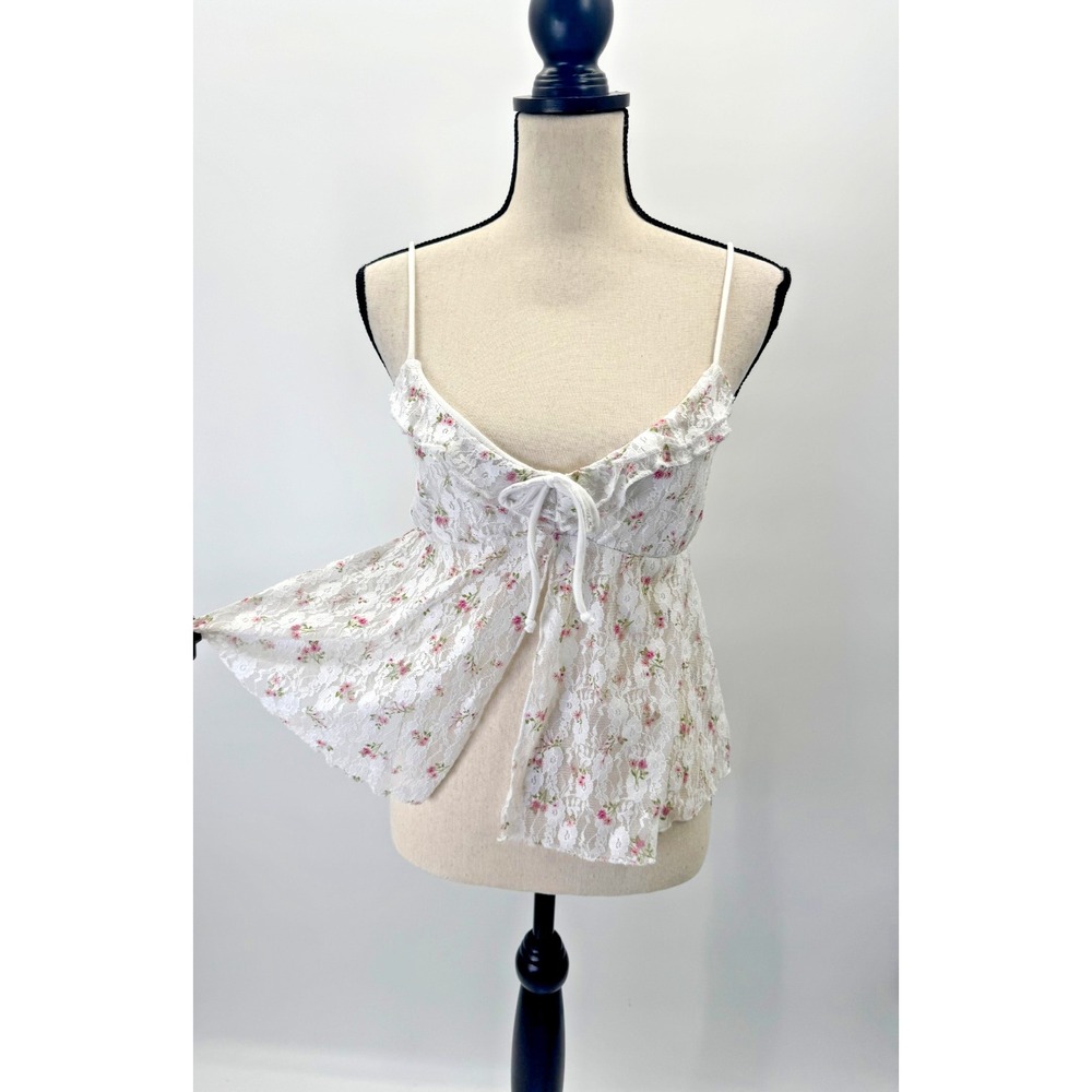 Good Day Cottagecore Mesh Lace floral Babydoll Cami Top Large Split Hem Coquette